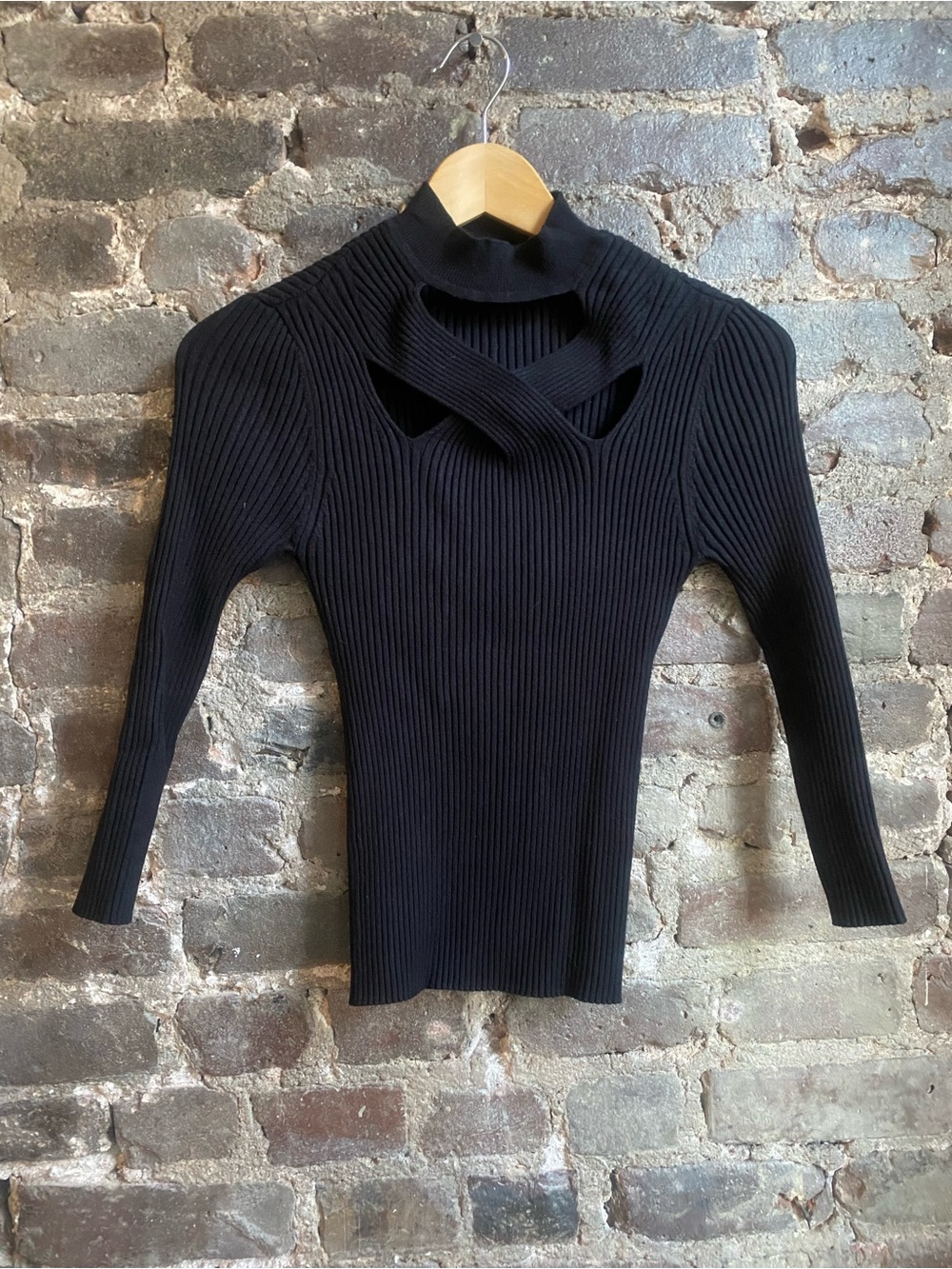 White House Black Market Black Ribbed Mock Neck Sweater with Crossover Cutout